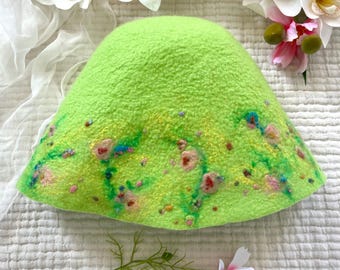 Merino Wool Felted Flower Hat Unique Spring Accessories Fairy Garden Floral Adornment Sauna Bucket Hat Whimsical Flowers Felt Cap For Girl