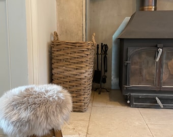 Beige New Luxurious Handmade Fluffy Teddy Beige Natural Real Sheepskin footstool/Milking stool. Versatile piece of furniture.