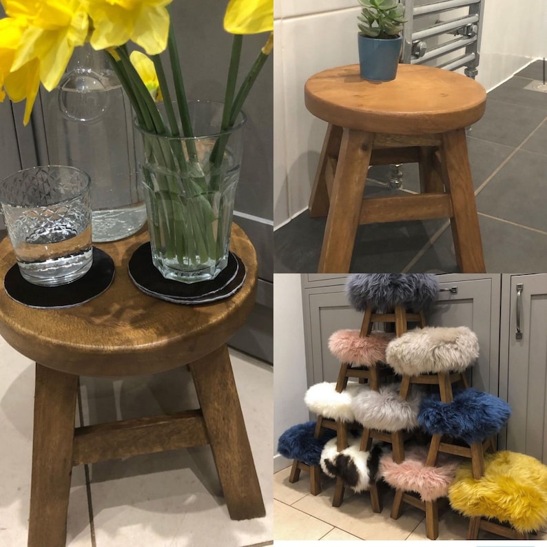 Plain wooden Stool Rustic solid wooden milking Stool. Children/child kids footstool side table bathroom stool round design plant pot stand image 3