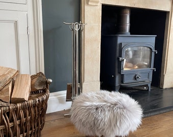 Handmade Grey Sheepskin Stool: Versatile Farmhouse Decor