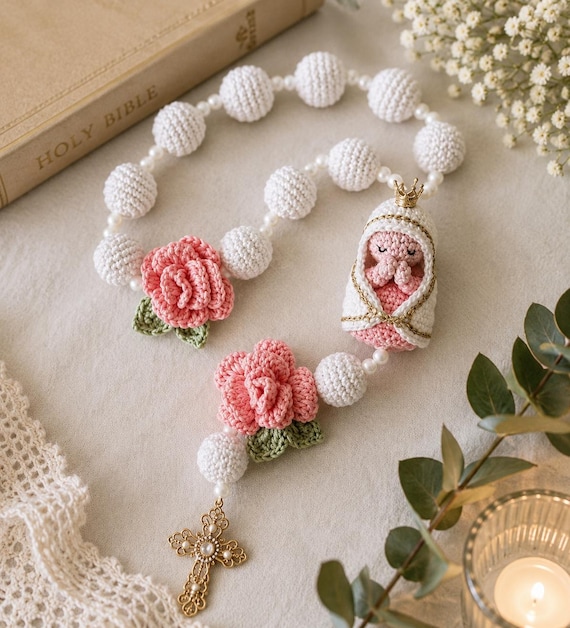 Crochet Rosary With Virgin Mary Doll, Handmade Catholic Prayer