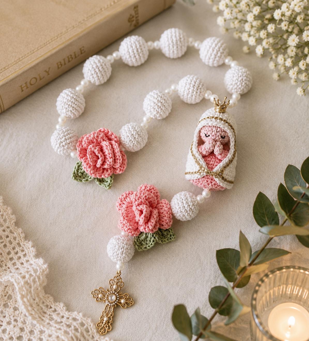 Crochet Rosary With Virgin Mary Doll, Handmade Catholic Prayer
