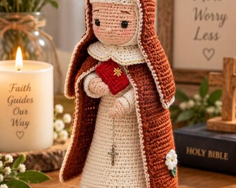 Personlig virkad helgondocka handgjord katolsk amigurumi, anpassad religiös gåva, bönedocka, kristen minnessak, konfirmationspresentdekor
