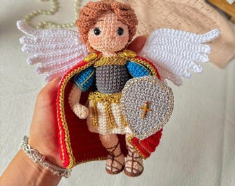 Handmade Crochet Archangel Doll - Custom Guardian Angel Plushie - Amigurumi Religious Warrior Gift for Baptism, Christmas or Spiritual Decor