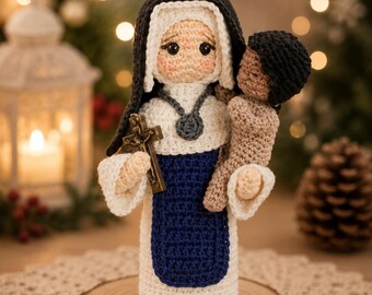Virkad nunnodocka med barn, handgjord katolsk amigurumi, personlig religiös gåva, kristen helgondocka, böneminnessak, trosheminredning