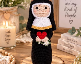 Personlig virkad nunnodocka, handgjord katolsk amigurumi-syster, anpassad religiös minnessak, kristen gåva, trosinspirerad gåva, nunndekor