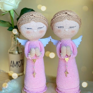 Crochet Angel Doll in Pink with Rosary | Handmade Amigurumi Praying Angel | Baptism Gift for Girl, Baby Room Spiritual Decor,Soft Yarn Plush