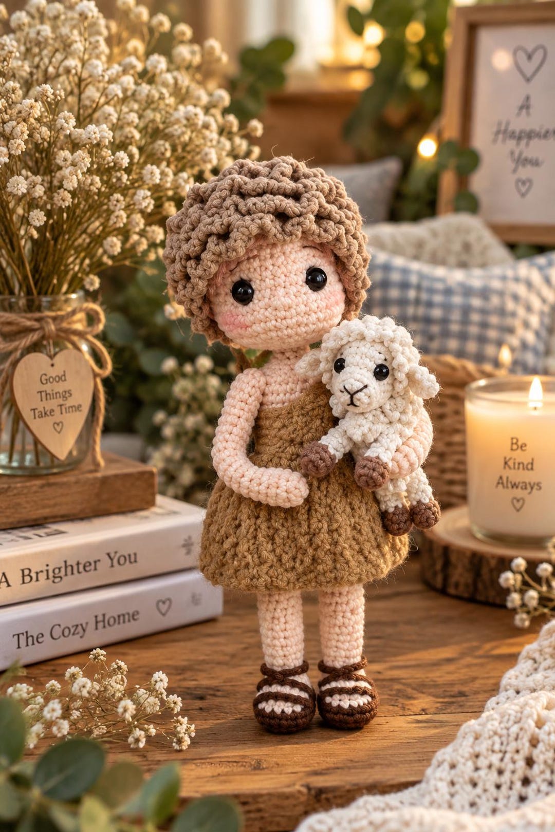 Personalized Crochet Shepherd Doll With Lamb, Handmade Amigurumi