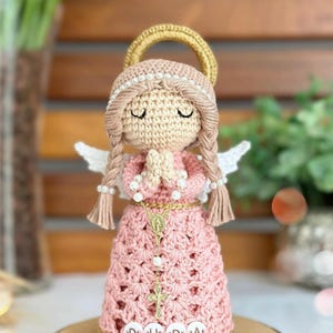 Handmade Crochet Angel Doll with Halo,Rosary,Personal Amigurumi Prayer Angel in Pink Dress,Catholic Gift Baptism,Baby Shower,First Communion