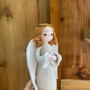 Handmade Crochet Angel Doll with Golden Halo | Personalized Amigurumi Soft Toy | Baptism Baby Gift | Guardian Angel Decor,Religious Keepsake