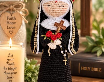 Personalized Crochet Nun Doll,Handmade Catholic Amigurumi Sister,Custom Religious Gift with Rosary and Roses,Christian Prayer Keepsake Decor