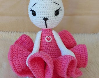 Crochet Bunny Doll: Handmade Amigurumi Plush Rabbit Toy in Pink Dress