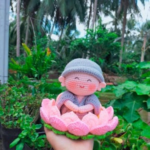 Handmade Crochet Monk Doll on Lotus Flower,Cute Amigurumi Buddhist Novice Plush for Spiritual Decor, Mindfulness Gift,Zen Meditation Corner