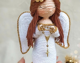 Crochet Praying Angel Doll: Handmade Amigurumi Catholic Plush with Rosary