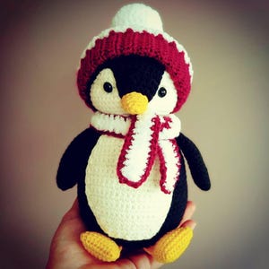 Handmade Crochet Penguin Doll,Winter Amigurumi Plush Toy with Red Hat and Scarf,Cute Personal Christmas Gift for Kids, Holiday Nursery Decor