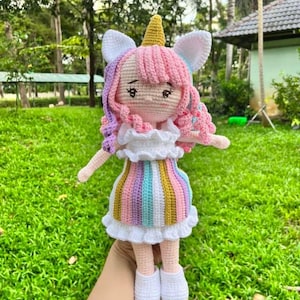 Handmade Crochet Unicorn Doll | Rainbow Amigurumi Doll with Horn and Ears | Personalized Stuffed Girl Gift,Cute Soft Toy for Kids Room Decor