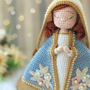 Handmade Crochet Virgin Mary Doll,Catholic Amigurumi with Embroidered Flower,Pearl,Personal Religious Gift Baptism,Confirmation,Prayer Decor