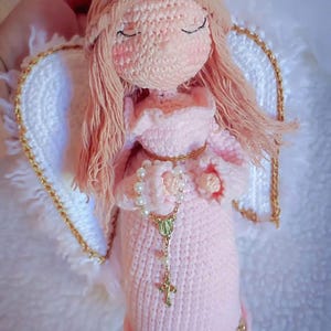 Handmade Crochet Angel Doll with Rosary - Personalized Amigurumi Gift Baby Girl Baptism, Keepsake,Confirmation Plush,Nursery Spiritual Decor