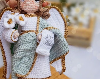 Handmade Crochet Angel Amigurumi: Christian Religious Doll with White Flowers