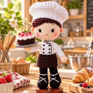 May include: A crocheted doll dressed as a chef, wearing a white toque, a white double-breasted jacket with black buttons, a dark brown apron, and black shoes. The doll holds a small crocheted chocolate cake topped with red berries on a plate.