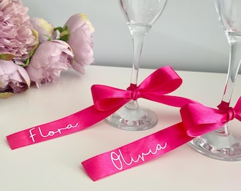 Personalised bow ribbons, ribbon for glasses, wedding favour, wedding table favour, bridal party, hen party glasses, ribbon with name