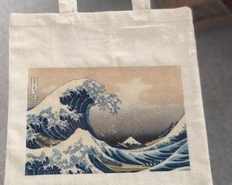 Tote Bag-Bag in 100% cotton fabric- Bag Line Art-The waves of kanagawa- Hokusai- landscape