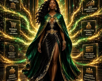 May include: A person wearing a long, flowing emerald green cloak with gold embroidery over a black gown. The image features text including SECURE THE BAG CLOAK, PAYCHECK DIRECT DEPOSIT, NEW OPPORTUNITIES, BUSINESS SALES, UNEXPECTED FUNDS, and more.