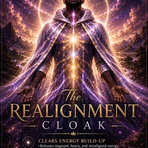 May include: A hooded cloak featuring a glowing, celestial purple and gold energy pattern. The text reads: The REALIGNMENT CLOAK. CLEARS ENERGY BUILD-UP. RESTORES BALANCE. REALIGNS YOUR FIELD. It depicts a figure surrounded by a radiant light aura.