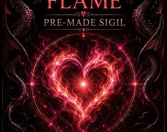 May include: A black rectangular graphic featuring the text LOVE'S FLAME PRE-MADE SIGIL. A central glowing red heart made of flames is enclosed in a circular geometric pattern. Two dark dragons flank the sides. Bottom text reads ALIGNED ROMANCE, MUTUAL CONNECTION, TRUE PARTNERSHIP, ATTRACT, CONNECT, IGNITE.