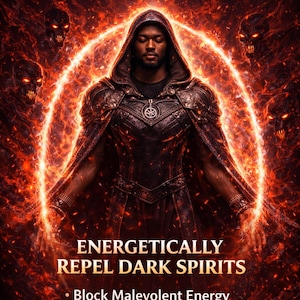 May include: Digital art featuring a person in a hooded cloak surrounded by fiery energy and demonic figures. Text reads "EVIL REPULSION" and "ENERGETICALLY REPEL DARK SPIRITS", with bullet points listing benefits like blocking malevolent energy.