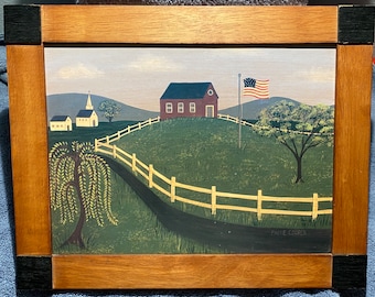 Furgy - Vintage Fayre Cooper gerahmter Druck - selten, mit Kirche, Schulhaus und amerikanische Flagge