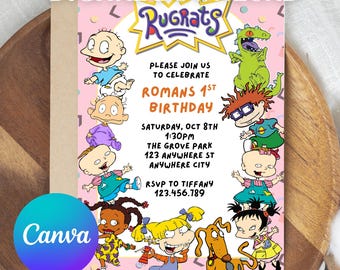 May include: A digital download invitation featuring the Rugrats cartoon characters. The invitation is for Roman's 1st birthday, with the date, time, and location details. The design includes the text "DIGITAL DOWNLOAD" and the Canva logo.
