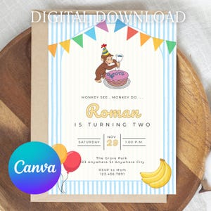 May include: A birthday invitation with a cartoon monkey holding a cake, blue and white striped background, and colorful banner. The invitation reads "Roman is turning two" and includes party details. The Canva logo is visible.