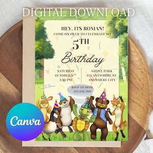 Könnte beinhalten: Eine digitale Geburtstagseinladung mit Zeichentricktieren und dem Text "Hey, It's Roman! Come on over to celebrate my 5th Birthday." Enthält Datum, Uhrzeit und Ort. Das Canva-Logo ist sichtbar.