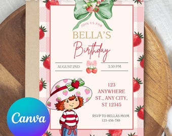 May include: Digital download birthday invitation featuring a strawberry theme. The invitation includes the text "Join us for Bella's Birthday" with the date, time, and location. A cartoon character wearing a strawberry hat is also featured.