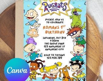 May include: A digital download birthday invitation featuring the Rugrats cartoon characters. The invitation has a light blue background with the text "Rugrats" in a yellow and purple font. The invitation includes the birthday details and RSVP information.