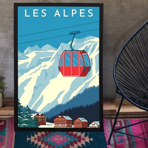 Vintage Travel Posters, Alps, Mountains Vintage Winter Europe Wall Art Print, Retro Home Decor, Matte 9x11, 12x18 16x20 18x24 20x30 24x36