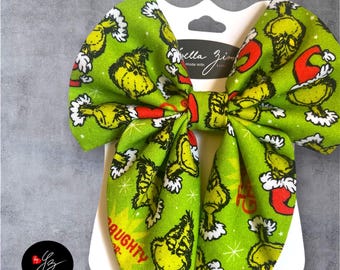 Mr. Grouch Hair Bow and Wand, You’re a Mean One Christmas Hair Bow, Grinch Cotton Fabric, Holiday Hair Accessories and Wands for Girls