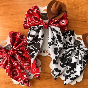 May include: Three hair bows with a Western theme. One bow is red with a white paisley pattern, another is black and white cow print, and the third is red paisley. Each bow has a small brown cowboy hat attached.