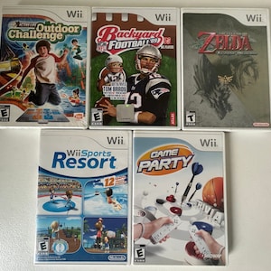 K&ouml;nnte beinhalten: F&uuml;nf Wii-Spielh&uuml;llen werden gezeigt. Zu den Titeln geh&ouml;ren "Active Life: Outdoor Challenge", "Backyard Football '09", "The Legend of Zelda: Twilight Princess", "Wii Sports Resort" und "Game Party". Die H&uuml;llen zeigen farbenfrohe Grafiken und spielbezogene Bilder.