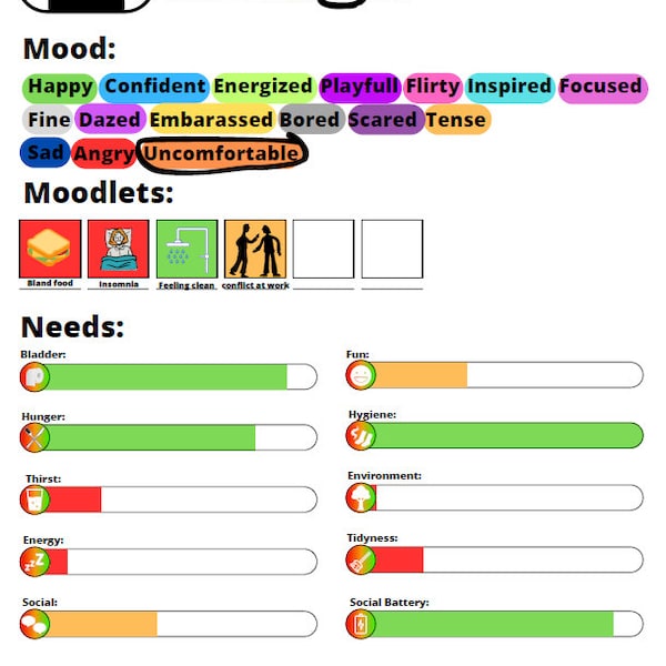 Sims 4 needs and mood - Neurodivergent fill-in planner