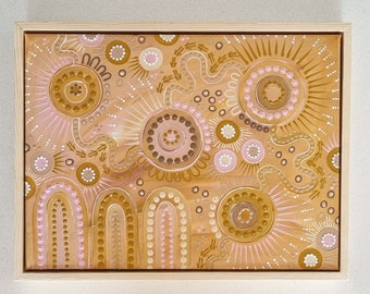 Original Handpainted Artwork • Framed Aboriginal dot painting on stretched canvas board
