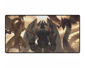 May include: A fantasy illustration featuring three powerful creatures. A golden winged creature with a sharp beak, a dark, armored creature with a crown, and a red and black winged creature with a long, serpentine tail.