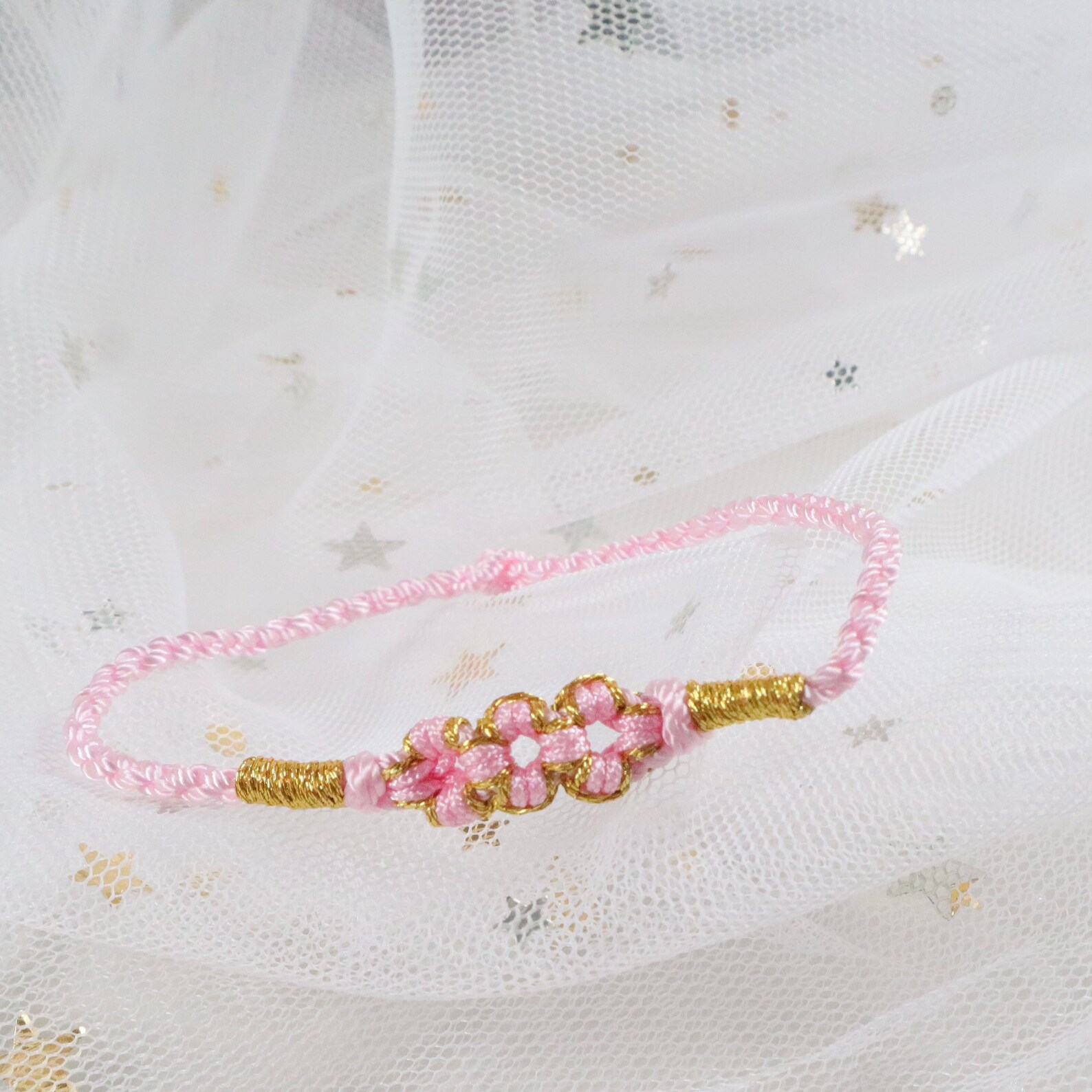 Peach Blossom Bracelet, Braided Bracelet With Flowers, String Bracelet