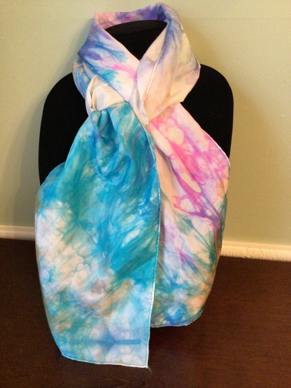 Watercolor Silk Scarf 70" x35" lovely blues pinks - image 2