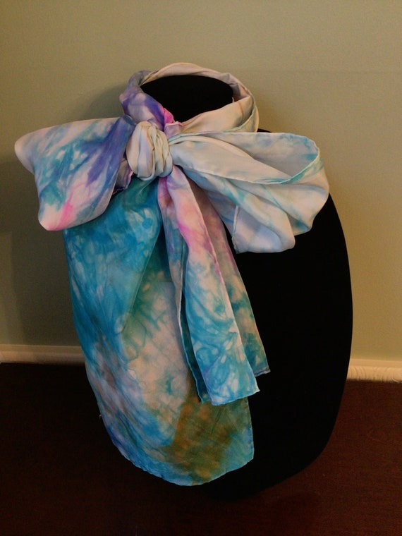 Watercolor Silk Scarf 70" x35" lovely blues pinks - image 1