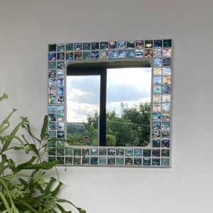 LOVELY square mirror, turquoise blue MOSAIC, iridescent glass tiles, HANDMADE, wall decor, unique, bathroom mirror, wall art