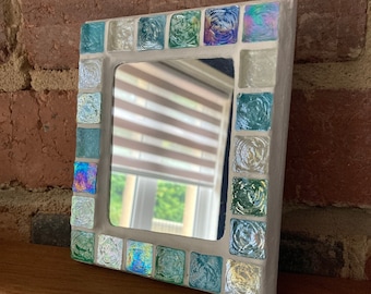 LOVELY decorative small mirror, green blue MOSAIC, iridescent glass tiles, HANDMADE, wall decor, unique, wall art