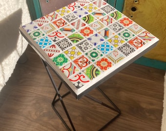 Lovely BOHO mosaic plant stand, side table, bright patterned tiles, hand designed