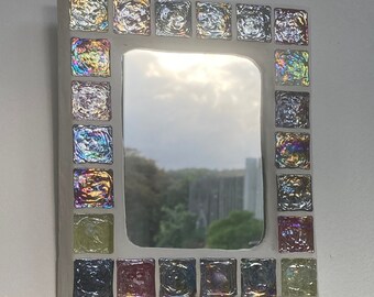 LOVELY decorative small mirror, red pink purple  MOSAIC, iridescent glass tiles, HANDMADE, small gift, wall decor, unique, wall art